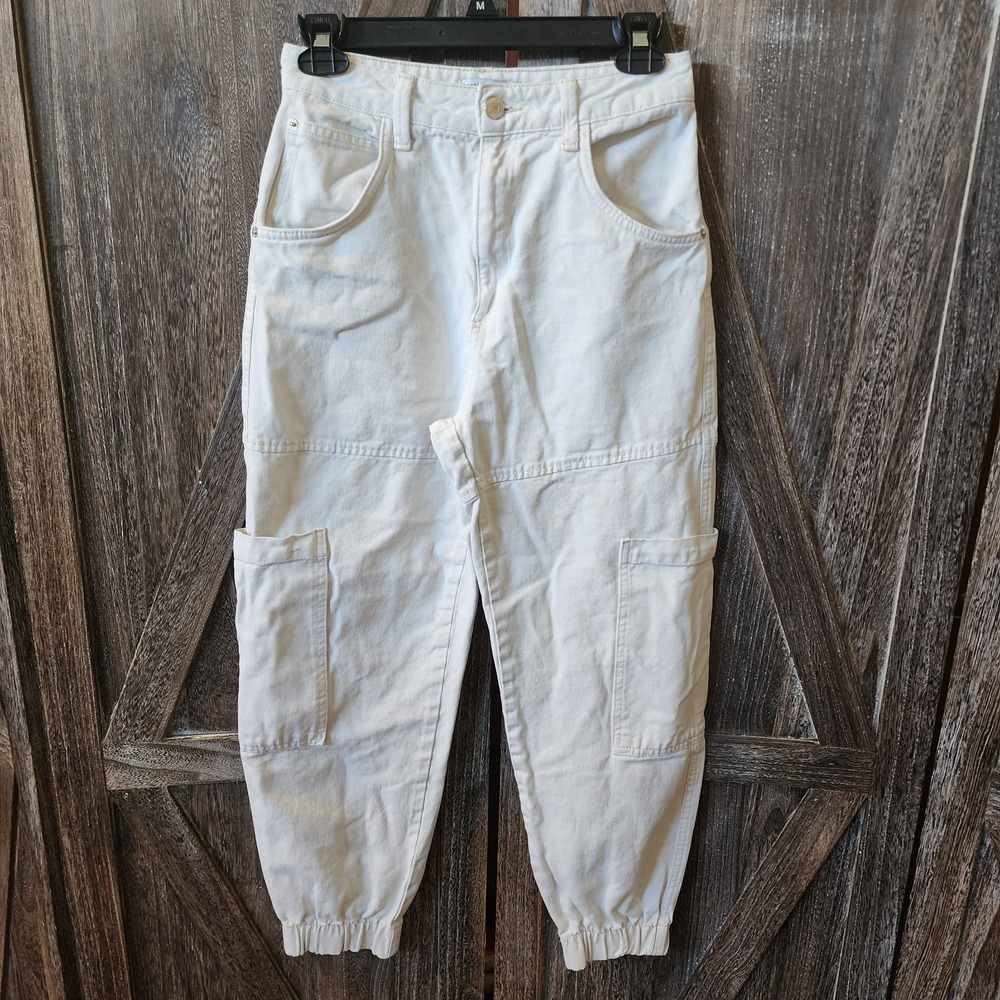 Bershka Jeans Women's US Size 4 Eur 36 Cream‎ Denim Cargo Jogger Pockets Cotton